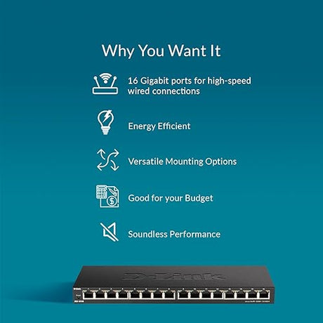 D-Link 16-Port Gigabit Ethernet Unmanaged Desktop Switch, SOHO, Fanless, Metal, Energy-Efficient Ethernet, QoS, Quiet Operation (DGS-1016S) Metal Switch 16-Port Gigabit Slim