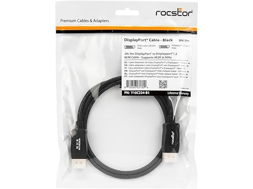 Rocstor Premium 3ft / 1m DisplayPort 1.2 Cable M/M - DisplayPort 4k - DisplayPort Male Digital Audio/Video - 3ft - Black- DP TO DP Cable 4Kx2K - DisplayPort for Monitor, Audio/Video Device - 2.70 GB/s