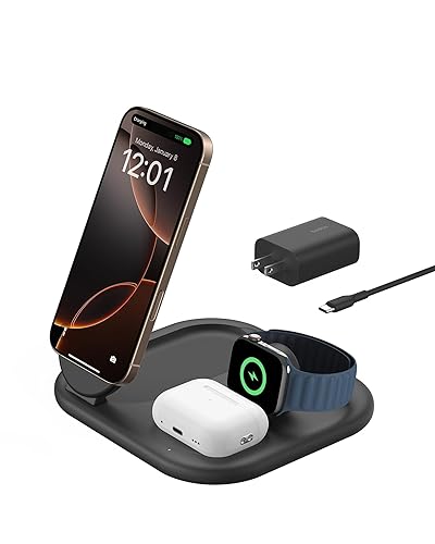 Belkin 3-in-1 MagSafe-Compatible iPhone Charger 15W, Foldable Magnetic Qi2-Certified Wireless Charging Station for iPhone 16, Apple Watch Series 10, AirPods 4, and More, w/Non-Slip Base & PSU - Black Black 3 in 1