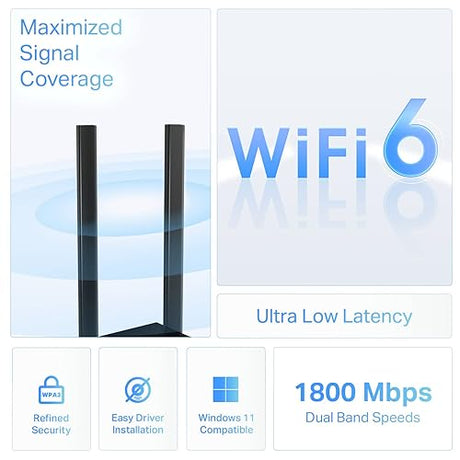 TP-Link WiFi 6 USB Adapter for Desktop PC - (Archer TX20U Plus) AX1800 Wireless Network Adapter with 2.4GHz, 5GHz, High Gain Dual Band 5dBi Antenna, WPA3, Supports Windows 11/10