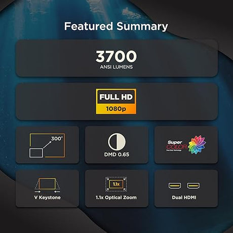 ViewSonic PX700HDH DLP 1080p Projector with 3700 Lumens, Supercolor, 1.1x Optical Zoom, 22000:1 Contrast Ratio, Dual HDMI, and Vertical Keystone for Home Theater