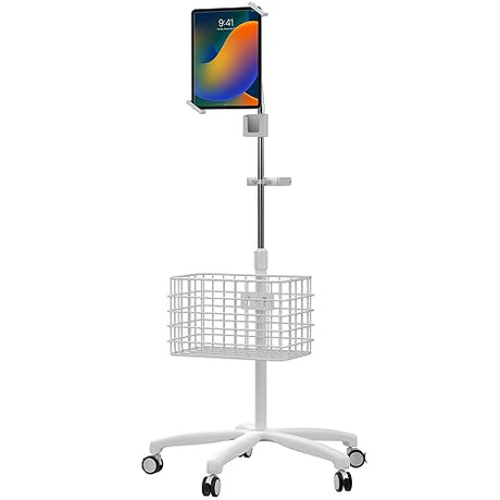 Medical Mobile Stand – CTA Heavy-Duty Medical Mobile Floor Stand & Accessories for iPad 7 – 9 Gen 10.2”, 12.9” Pro, 11”, Mini 5/6, Samsung A8 & Other 7-13-Inch Tablets - White (PAD-SHFSWAO)