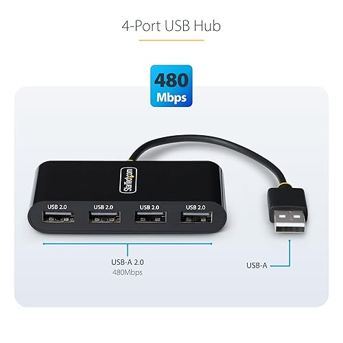 StarTech.com 4-Port USB 2.0 Hub, USB Bus Powered, Small Travel Mini USB Hub, Multi-Port USB 2.0 Splitter, Portable USB Hub