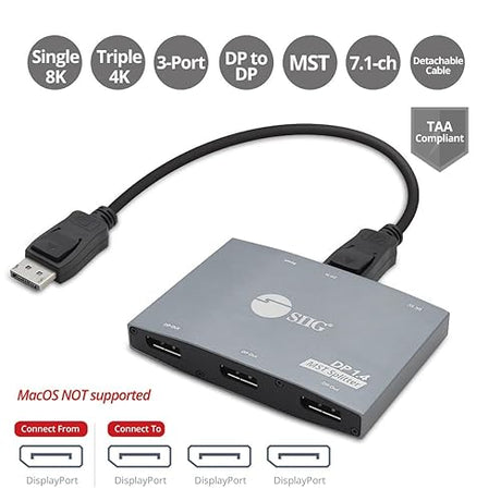 SIIG 3-Port DisplayPort Splitter MST Hub 4K - 1 in 3 Out DP 1.4 to DP Multi Monitor Splitter with Female DP Input - NOT for macOS (CE-DP0S11-S1)