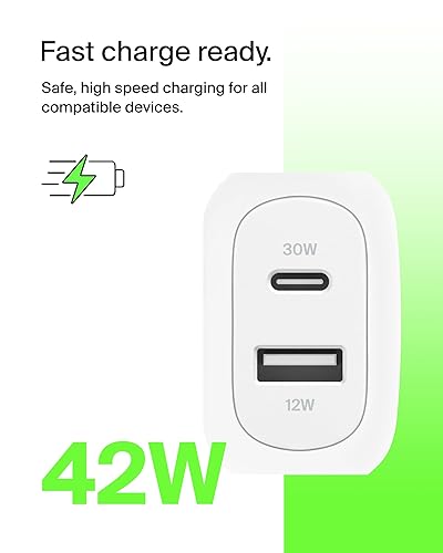Belkin BoostCharge 42W Dual Port Wall Charger, USB-C + USB-A Charger Fast Charging for iPhone 16, 15, & 14 Series, Galaxy S25 Series, iPad, AirPods & More - USB-C to USB-C Cable Included - White Includes C-C Cable