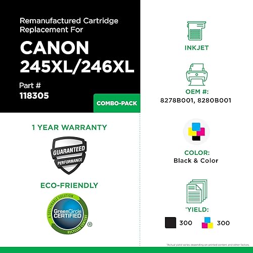 Remanufactured High Yield Ink Cartridges Replacement for Canon 8278B005AA (PG-245XL/CL-246XL) | Black & Color 2 Pack XL