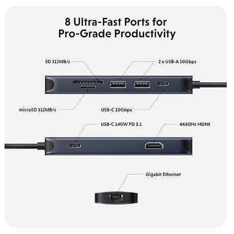 HyperDrive Next 8 Port USB-C Hub, Portable Travel Essentials and Connectivity Solution for Creators, Video Editors, Photographers, and More