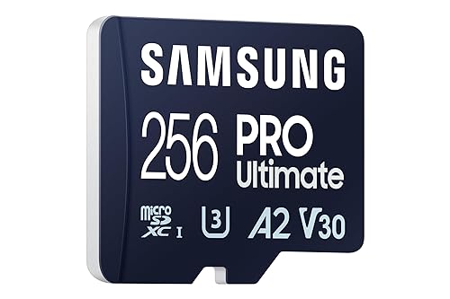 SAMSUNG PRO Ultimate microSD Memory Card + Adapter, 256GB microSDXC, Up to 200 MB/s, 4K UHD, UHS-I, Class 10, U3,V30, A2 for Action Cam, Drone, Gaming, Phones, Tablets, MB-MY256SA/AM[Canada Version]