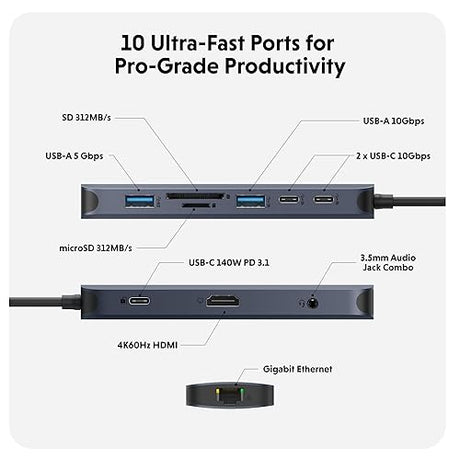 HyperDrive Next 10 Port USB-C Hub, Portable Travel Essentials and Connectivity Solution for Creators, Video Editors, Photographers, and More