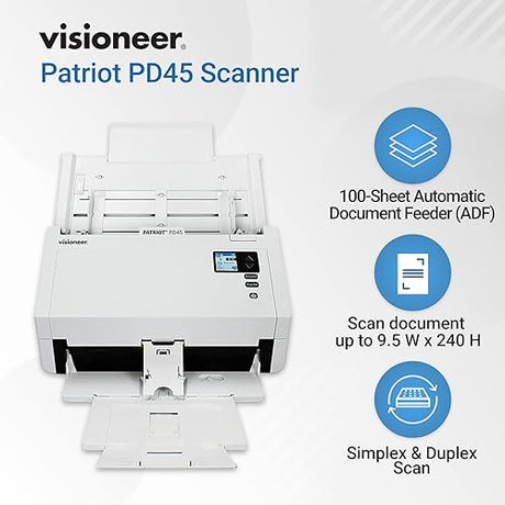 Visioneer Patriot PD45 Scanner, USB Duplex Office Document Scanner for PC and Mac, 50 PPM, Automatic Document Feeder (ADF), White