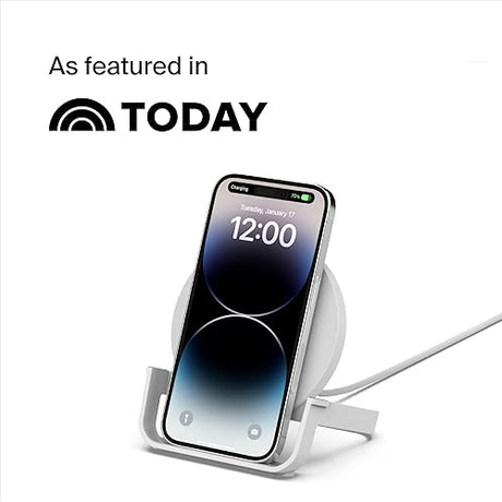 Belkin BoostCharge 10W Fast Wireless Charging Stand, Includes QuickCharge 3.0 Wall Charger and Cable, Case Compatible for iPhones, Galaxy, Pixel and Other Qi Enabled Devices (includes AC adapter) White 10W Stand Charging Stand