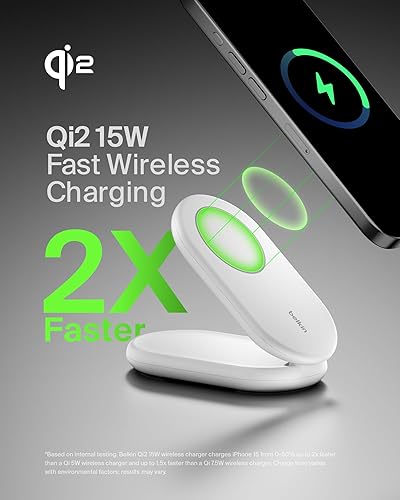 Belkin Magnetic Foldable Wireless Charging Stand 15W - MagSafe-Compatible Qi2-Certified Charger, Wireless Charging Stand for iPhone 16, Galaxy S25, & More - Standby Mode Ready w/PSU Included - White