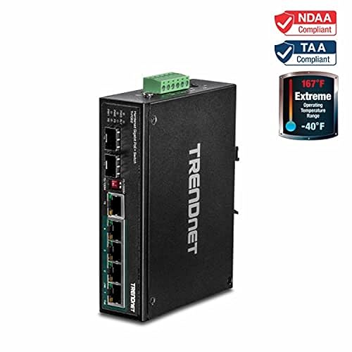 TRENDnet 6-Port Hardened Industrial Gigabit PoE+ DIN-Rail Switch, 4 x Gigabit PoE+ Ports, Shared Gigabit Port (RJ-45/SFP), Dedicated SFP, 120W Power Budget, IP30, Lifetime Protection, Black, TI-PG62 6 Port PoE Switch