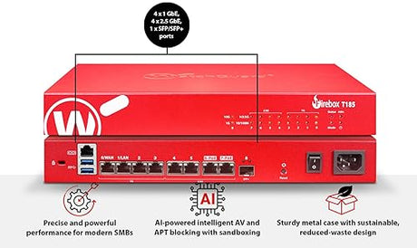 WatchGuard Firebox T185 with 3 Year Standard Support - High-Performance Firewall, SFP+, 2.5Gb & 1Gb Ports, Enterprise Branch Security (WGT185003)