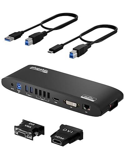 Plugable USB 3.0 Universal Docking Station for Windows, macOS, ChromeOS (Dual HDMI Monitors or DVI/VGA, Gigabit Ethernet, Audio, 6 USB Ports)