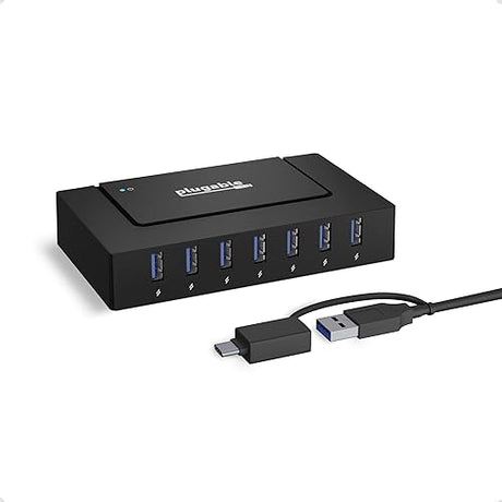 Plugable 7-in-1 USB Powered Hub for Laptops with USB-C or USB 3.0 - Power Station for Multiple Devices and Data Transfer with a 60W Power Adapter, Driverless