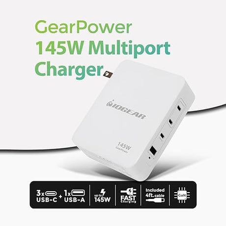IOGEAR GearPower 145W Multiport Charger, GaN, 4 Port, USB-C Cable, iPhone 16, MacBook Pro/Air, iPad Pro, Google Pixel, Travel Wall Charger, Cable Included, GPAWC145W