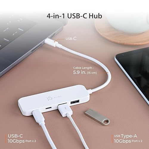 j5create 4-in-1 USB-C to 4-Port Type-A & Type-C Hub(Eco-Friendly), USB-C Hub with 10 Gbps 2 USB-A & 2 USB-C | Compatible with MacBook Pro, MacBook Air, iPad, Mac Mini and More Type C Devices(JCH342EW) Natural White