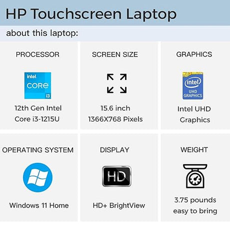 HP 15.6 Touchscreen Business Laptop, Intel 6-Core i3-1215U Processor, 16GB RAM, 1TB SSD, Intel UHD Graphics, WiFi, Fast Charge, HDMI, Thin & Portable, Long Battery Life, Windows 11 Home 16GB RAM | 1TB SSD