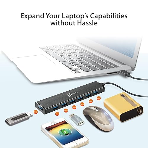 j5create 7-Port Powered USB 3.0 Data Hub with 3.3 ft Extended Cable [20W Power Adapter Included] for Mac, MacBook, Windows, Laptop, Surface, XPS, PC (JUH377)
