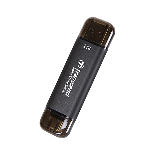 Transcend 2TB External SSD, USB 3.2 Gen 2, Up to 1,050MB/s, Portable SSD with 2-in-1 Type C & Type A, for Steam Deck, ROG Ally, MSI Claw, Windows, Mac, iPhone, iPad, Android, PS5, Xbox, Smart TV-Black 2TB Black