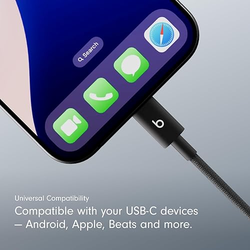 Beats USB-C to USB-C Woven Short Cable Fast Charging Durable/Tangle-Free Compatible Charger for Apple & Android Devices (20 cm) - Bolt Black Bolt Black (20 cm)