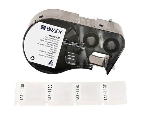 Brady Self-Laminating Vinyl Pre-Sized Labels for Label Printer BMP41/BMP51/BMP53/M511-260 Self Adhesive Printer Labels - Black on White, Transparent (25,40 mm (W) x 25,40 mm (H)) - M4-49-427