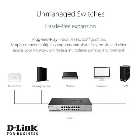 D-Link 16-Port Fast Ethernet Unmanaged Desktop/Rackmount Switch, Plug and play, Rugged Metal Housing, IEEE 802. 3az Energy Efficient Ethernet (EEE) (DSS-16+) , Black Metal 16-Port Fast Ethernet
