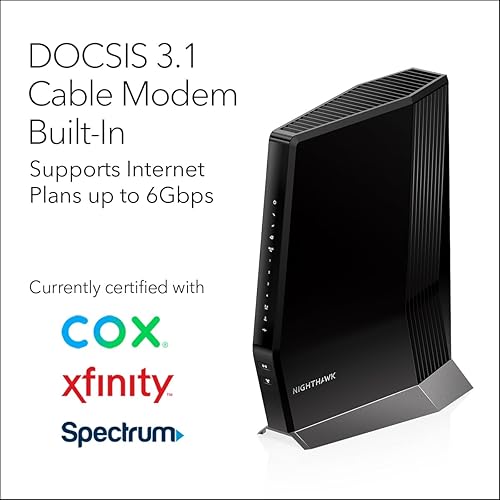 NETGEAR Nighthawk Cable Modem with Built-in WiFi 6 Router (CAX80) - Compatible All Major Providers incl. Xfinity, Spectrum, Cox | Plans Up to 6Gbps AX6000 Speed DOCSIS 3.1, Black 6.0Gbps, DOCSIS 3.1, WiFi 6