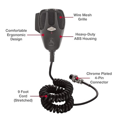 Cobra HG M73 Premium Dynamic Replacement CB Microphone (Black) – 4 Pin Connector, 9 Foot Cord, Heavy Duty ABS Shell, Wire Mesh Grille, Left Side Push to Talk, Chrome Connector