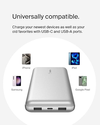 Belkin BoostCharge USB-C Portable Charger 20k Power Bank w/ 1 USB-C Port and 2 USB-A Ports with USB-C to USB-A Cable for iPhone 16, 16 Plus, 16 Pro, 16 Pro Max, Samsung Galaxy S24, & More - Silver