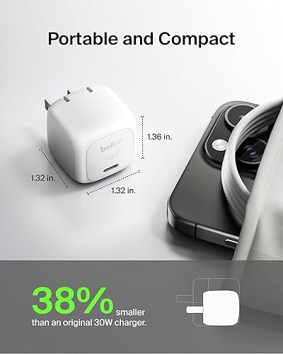 Belkin Compact Wall Charger 30W, USB-C Power Delivery Fast Charging for Apple iPhone 16, 15, 14, 13, Samsung Galaxy S25, iPad, AirPods, Tablet, Nintendo Switch 2 & More w/ 1M USB-C to C Cable - White
