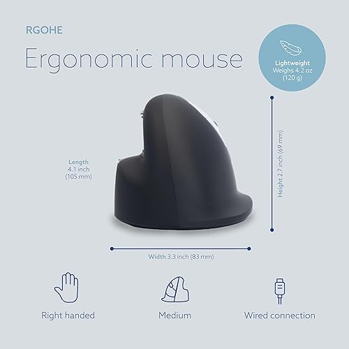 R-Go HE Vertical Ergonomic Mouse, with Break Software, USB-C Wired (USB A Converter), Prevents Tennis Elbow/Mouse Arm RSI, Silent Click, 5 Buttons - for Windows/MacOS, Black/Silver