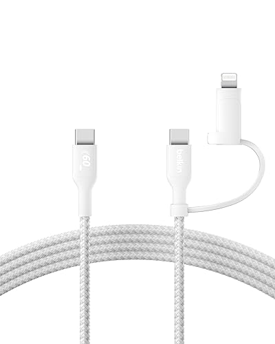 Belkin BoostCharge Braided 2-in-1 USB-C Charging Cable w/USB-C & Lightning Connector (1.5M) Fast & Multi-Charging for iPhone Series, iPad, MacBook, Galaxy Series, Nintendo Switch 2 & More - White