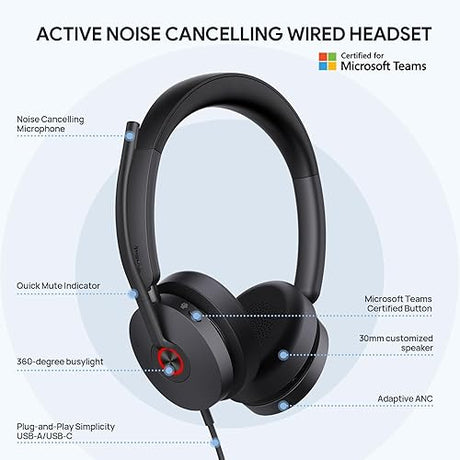 Yealink UH48 ANC Wired Headset with Microphone, Active Noise Cancelling USB Headphones for PC, MS Teams Certified Works with All Other Call Platforms, USB-A or USB-C Connectivity, Mute Button