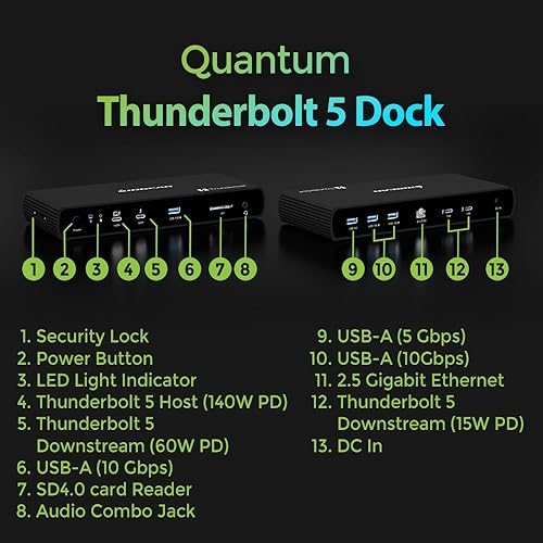 IOGEAR Quantum Thunderbolt 5 Dock Pro - 10 Devices - 80gbps - 2.5G - TB5 Host Dual 8K 60hz / Triple 4K Display 120hz - USB-A, SD 4.0, Audio - TAA - 140W Host Power - Includes PSU - Win 11 — GTD58KTAA