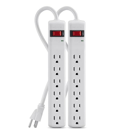 Belkin Power Strip Surge Protector - 6 AC Multiple Outlets, 2 ft Long Heavy Duty Metal Extension Cord for Home, Office, Travel, Computer Desktop & Phone Charging Brick - 200 Joules, White (2 Pack) 2-Pack