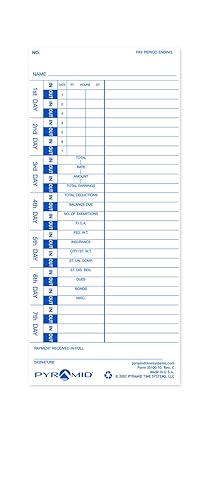 Pyramid Time Systems - 30% Recycled Time Cards (35100-10MB) for Pyramid Models 3500, 3500SS, 3600SS, and 3700 Time Clock and Document Stamp, Single Sided Time Sheets (4 X 9 in) - 1000 Time Cards 1000 pk