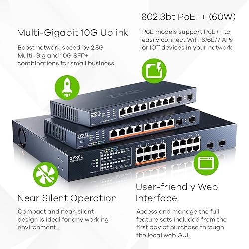Zyxel 16-Port 2.5 Multi-Gig Switch | Cloud/Smart managed | PoE++ @180W | 8 x PoE++ (60W) | 2 x 10G SFP+ | Rack mount [XMG1915-18EP] 16-Port | SPF+ | 180W PoE++