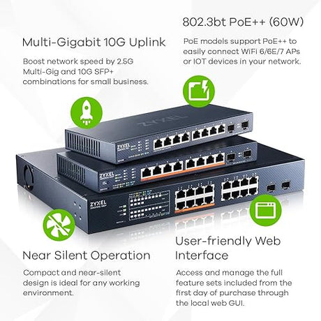 Zyxel 16-Port 2.5 Multi-Gig Switch | Cloud/Smart managed | PoE++ @180W | 8 x PoE++ (60W) | 2 x 10G SFP+ | Rack mount [XMG1915-18EP] 16-Port | SPF+ | 180W PoE++