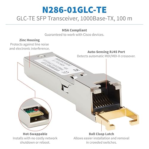 Tripp Lite Cisco GLC-TE Compatible SFP Transceiver, 10/100/1000Base-TX Module, Copper, RJ45, Cat6 Ethernet, 100 m (N286-01GLC-TE)