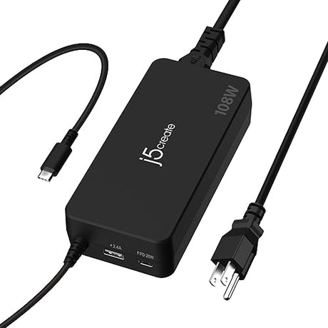 j5create 108W USB Type C PD Super Charger for MacBook Pro, Chromebook, Laptop, Notebook, Tablet, Android, iPhone, iPad Pro, Smart Phone (JUP34108)