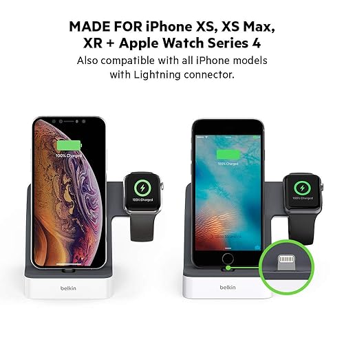 Belkin Powerhouse Charge Dock for Apple Watch + iPhone Charging Dock for iPhone Xs, XS Max, XR, X, 8/8 Plus and More, Apple Watch Series 4, 3, 2, 1 (White) White Charging Dock