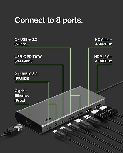 Belkin Connect Universal USB-C 8-in-1 Dual Display Core Hub w/Silicon Motion Technology - Compatible with Mac, Windows, and Chromebook - 100W PD w/ 10Gbps Transfer Speeds & 1GbE Ethernet - Silver