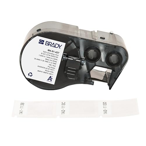 Brady Self-Laminating Vinyl Pre-Sized Labels for Label Printer BMP41/BMP51/BMP53/M511-180 Self Adhesive Printer Labels - Black on White, Transparent (25,40 mm (W) x 38,10 mm (H)) - M4-91-427