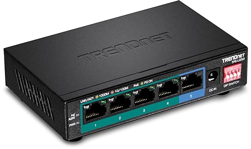 TRENDnet 5-Port Gigabit Long Range PoE+ Switch, TPE-LG50, 4 x PoE+ Ports, 1 x Gigabit Port, Camera DIP Switch extends PoE+ 200m (656 ft.), Lifetime Protection Black 5-Port Long Range Gigabit PoE+