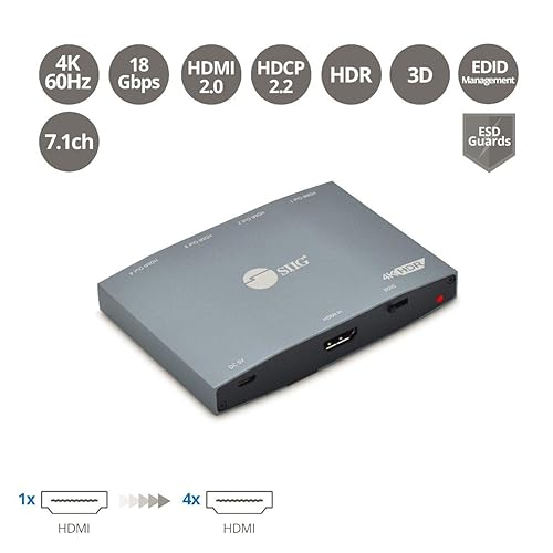 SIIG 4K HDMI Splitter 1 in 4 Out, HDR with EDID, 1x4 HDMI Splitter, HDCP 2.2/1.4, HDR, 18Gbps Bandwidth, EDID Management, TAA Compliant (CE-H26K11-S1) 1 in 4 Out HDMI Splitter