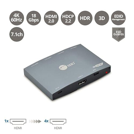 SIIG 4K HDMI Splitter 1 in 4 Out, HDR with EDID, 1x4 HDMI Splitter, HDCP 2.2/1.4, HDR, 18Gbps Bandwidth, EDID Management, TAA Compliant (CE-H26K11-S1) 1 in 4 Out HDMI Splitter