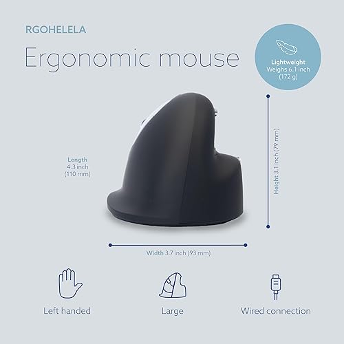 R-Go HE Vertical Ergonomic Mouse, Large Left Hand, Break Software, USB-C/A Wired, Prevents Tennis Elbow/Mouse Arm RSI, Silent Click, 5 Buttons - Compatible Windows/Mac, Black Left Handed - Wired Black/Silver