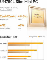 MINISFORUM UM750L Slim Mini PC AMD Ryzen 5 7545U 6 Core 12 Threads Up to 4.9GHz AMD Radeon Graphics Card 32GB LPDDR5/1TB SSD, HDMI/DP/USB4/2.5G RJ45, Wi-FI6E, BT5.3 UM750L Slim 32+1TB